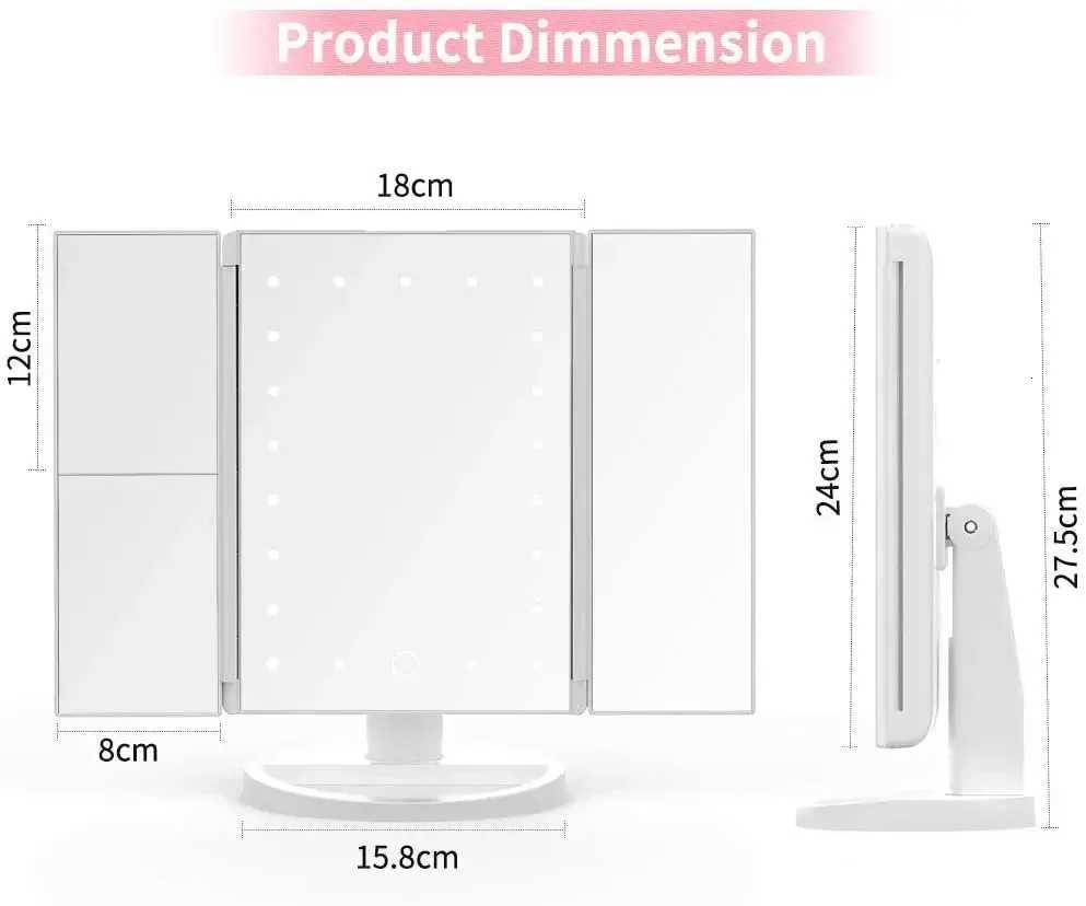 2X 3X Magnification Makeup Mirror Triple Told 22LED Lampstand Vanity Mirror Supports USB and Dry Battery Charging Square MirrorT251213
