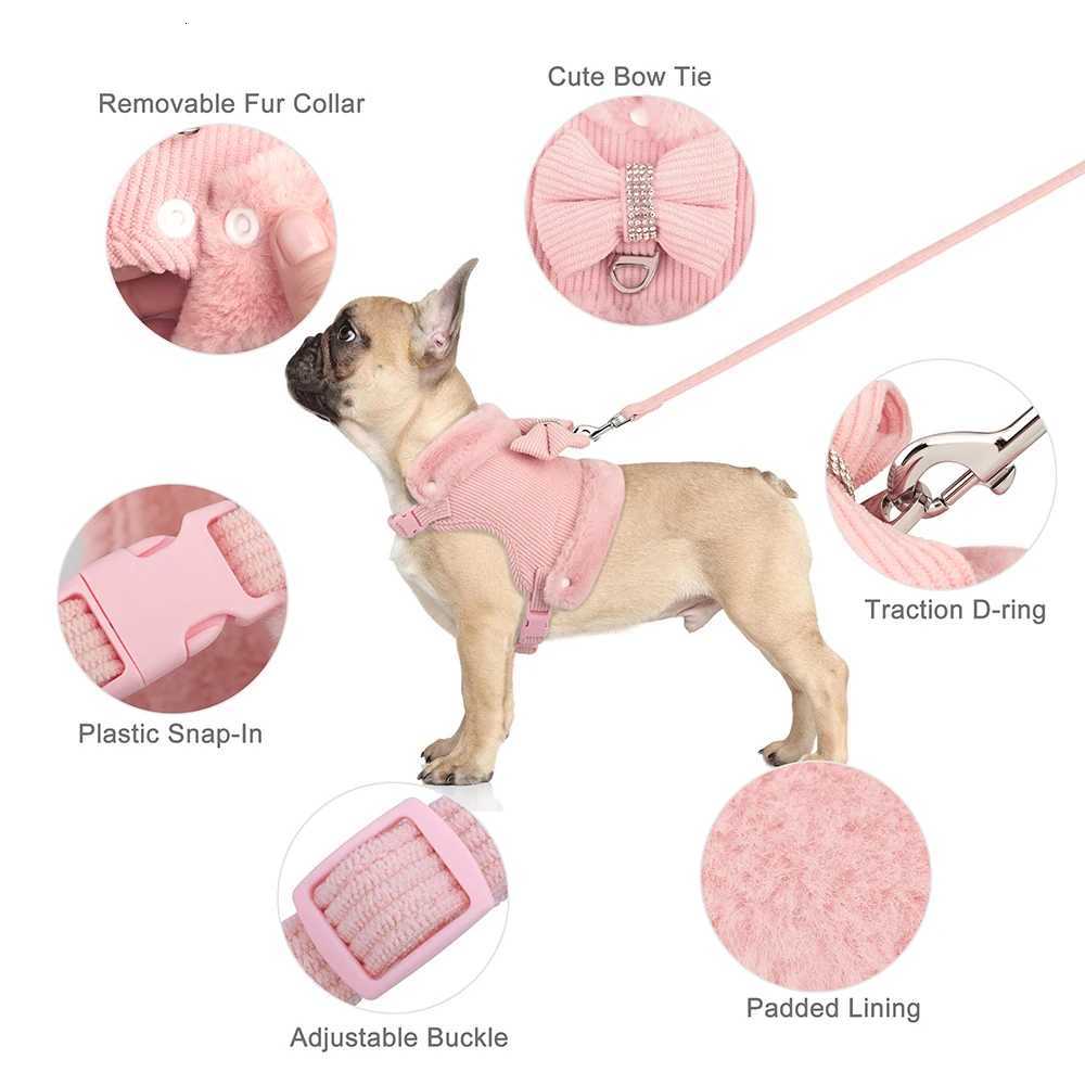 Warm Winter Dog Harness Leash Set Cute Bowknow Puppy Small Dog Vest Harness Soft Fur Collar Vest With Bowtie For Pug Yorkie Pink M251213
