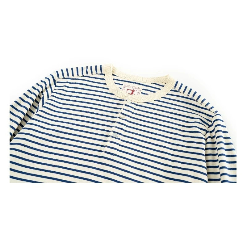 Classic American Retro Blue and White Sea Soul T-shirt Heavy duty All Cotton Striped Men Henry Collar Casual Long Sleeve T-shirt 251211