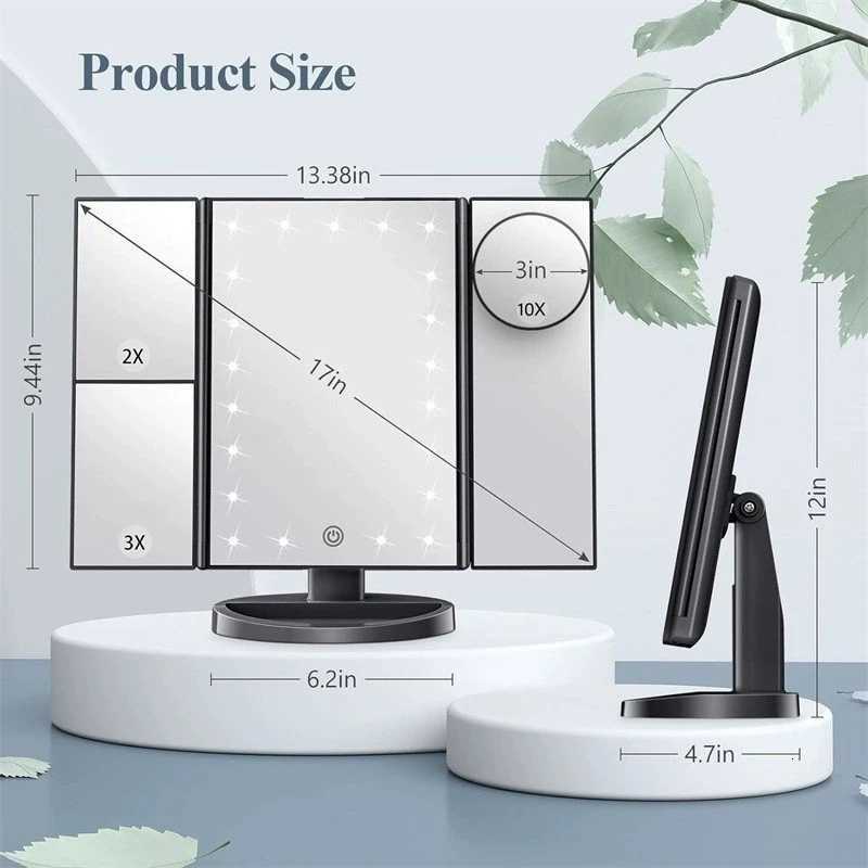 1pc Portable Makeup Mirror Vanity with LED Lights 2X 3X 10X Magnification Lighted Mirror Touch Control Trifold Dual Power SupplyT251213