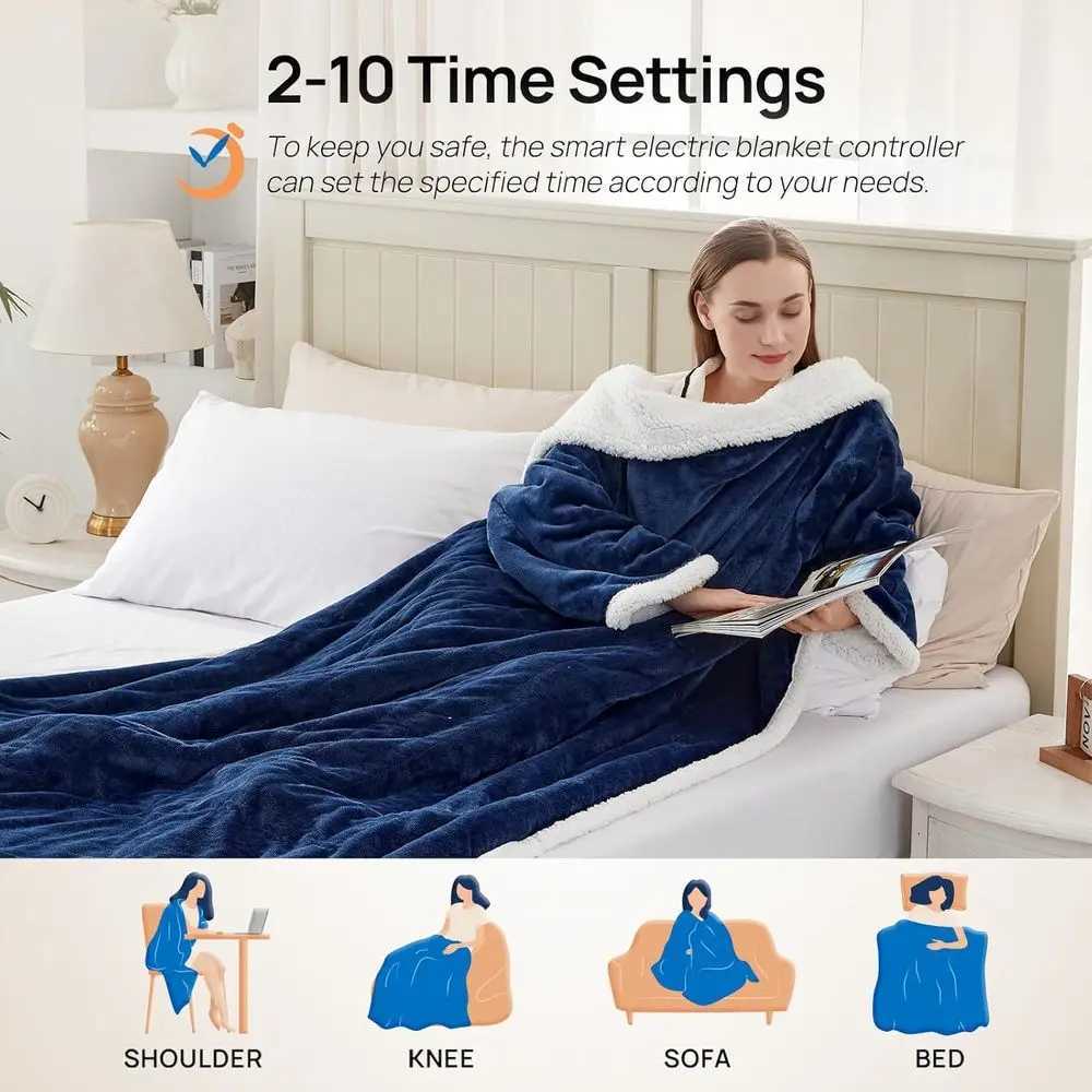 Navy Electric Throw Blanket with Foot Pocket 6 Heat Settings 2-10 Hours Timer 50x7018 Wearable with Sleeves Y251212