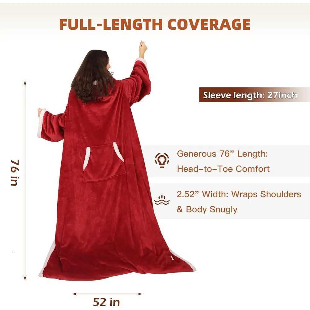 Sleeved Electric Throw Blanket with Foot Pocket 6 Heat Levels 70x50 Plush Flannel Sherpa Wine Red Y251212