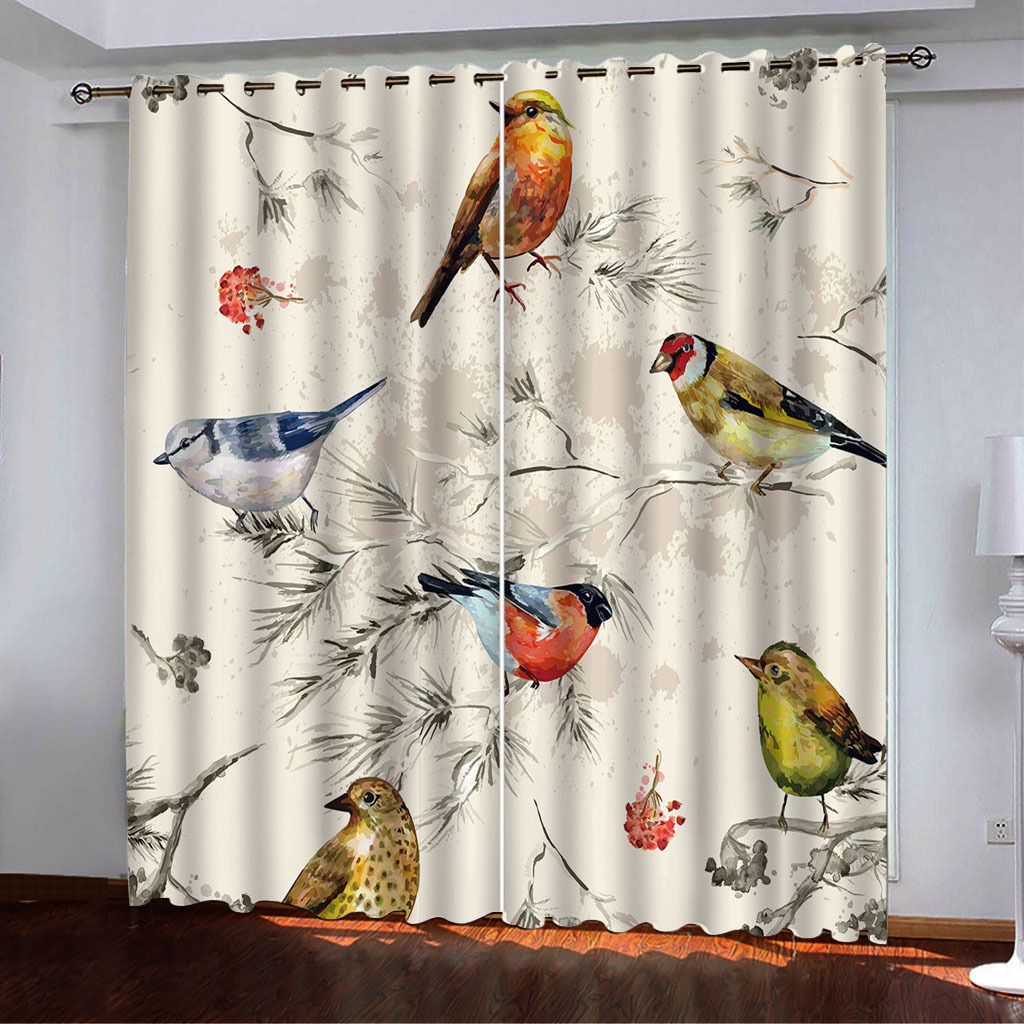 YL-37956 Floral and Bird Line Series Curtain Spring 3D Digital Printed High-Density Blackout Curtains