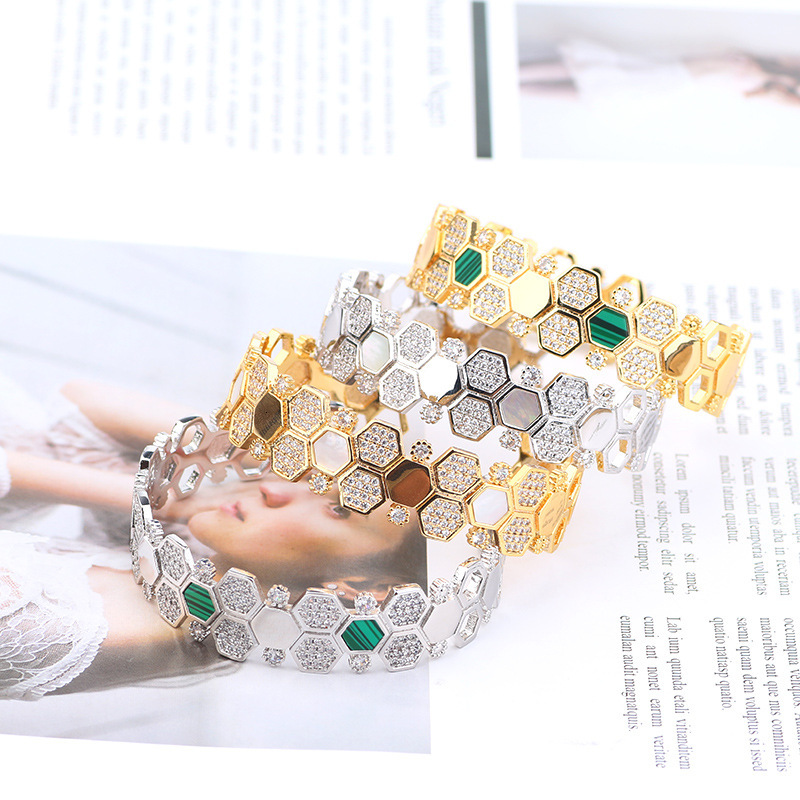 Creative Hexagonal Honeycomb Bracelet Ring Set Fashionable Personalized Inlaid Mother-of-Pearl Hand Jewelry