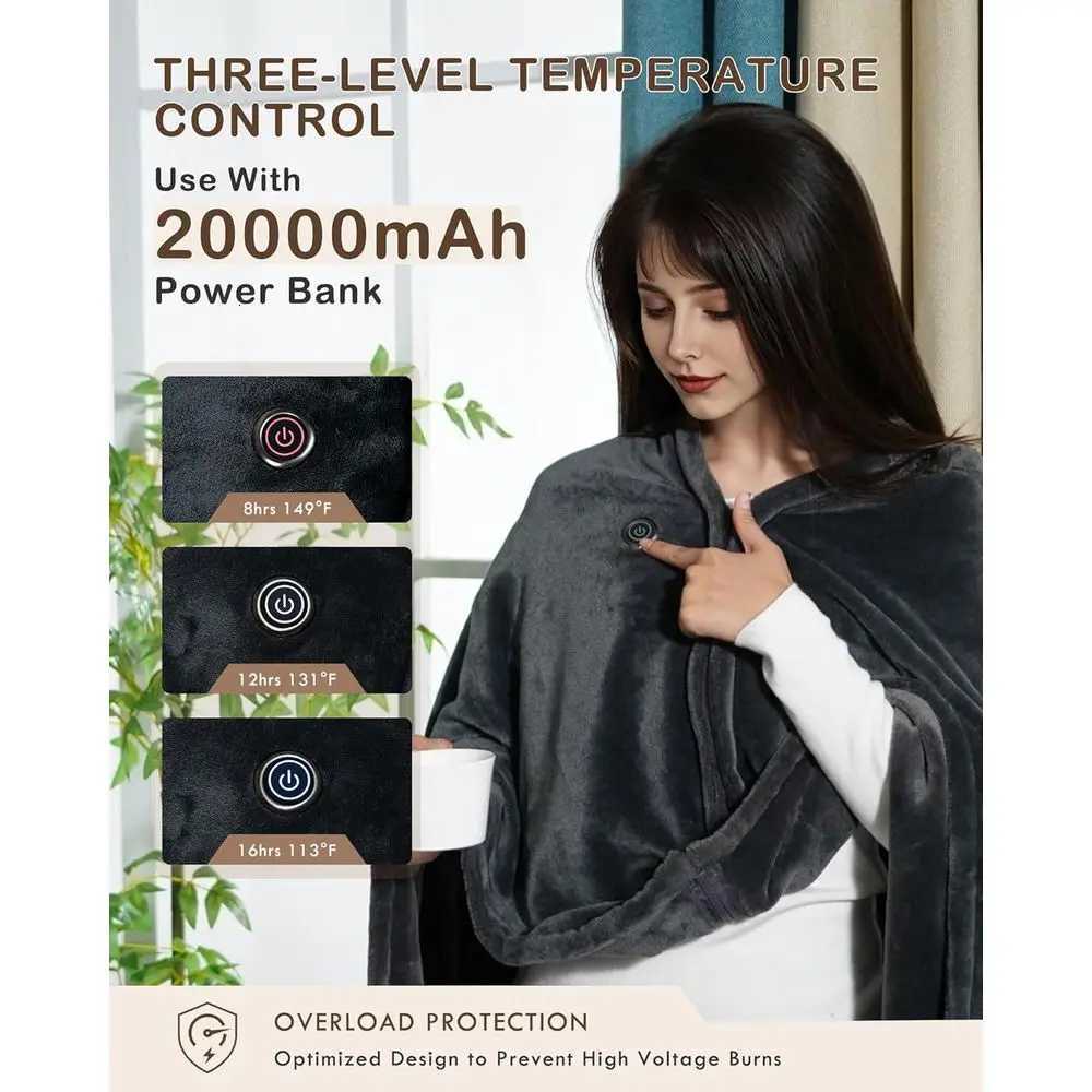 Portable Cordless Heated Blanket with Hoodie 3-Temperature Settings 20000mAh Battery Ideal for Camping and Car Use Y251212