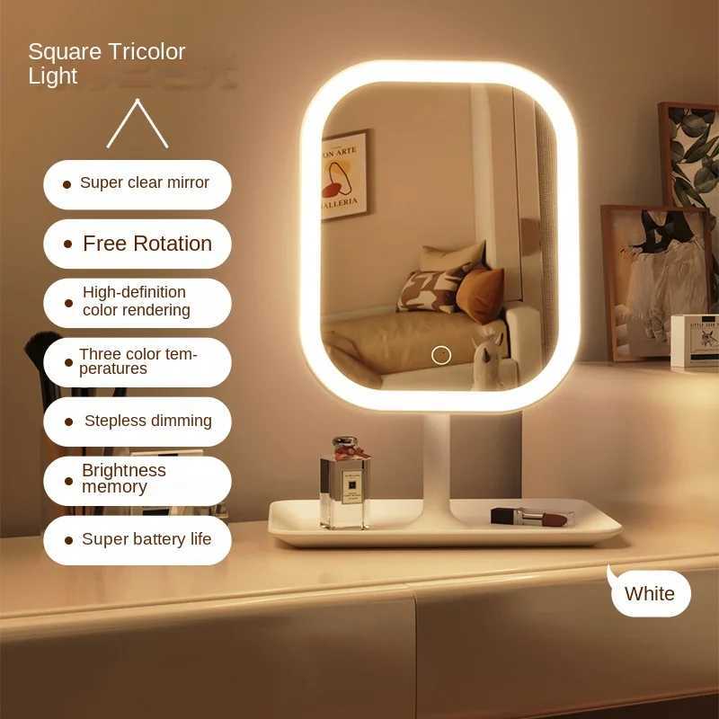 3 Color Light LED Desktop Vanity MirrorModern Makeup Mirror With Storage TrayWomen Bedroom Dressing Touching MirrorT251213