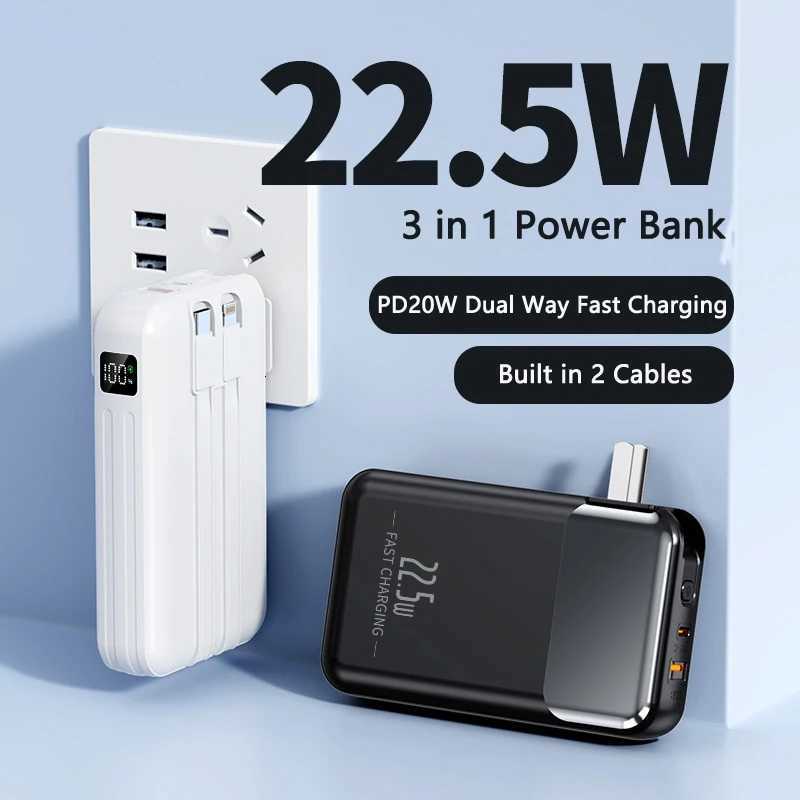 20000mAh Wall Charger Power Bank with Cable AC Plug Powerbank for iPhone 16 15 225W Fast Charging Spare Battery H251213