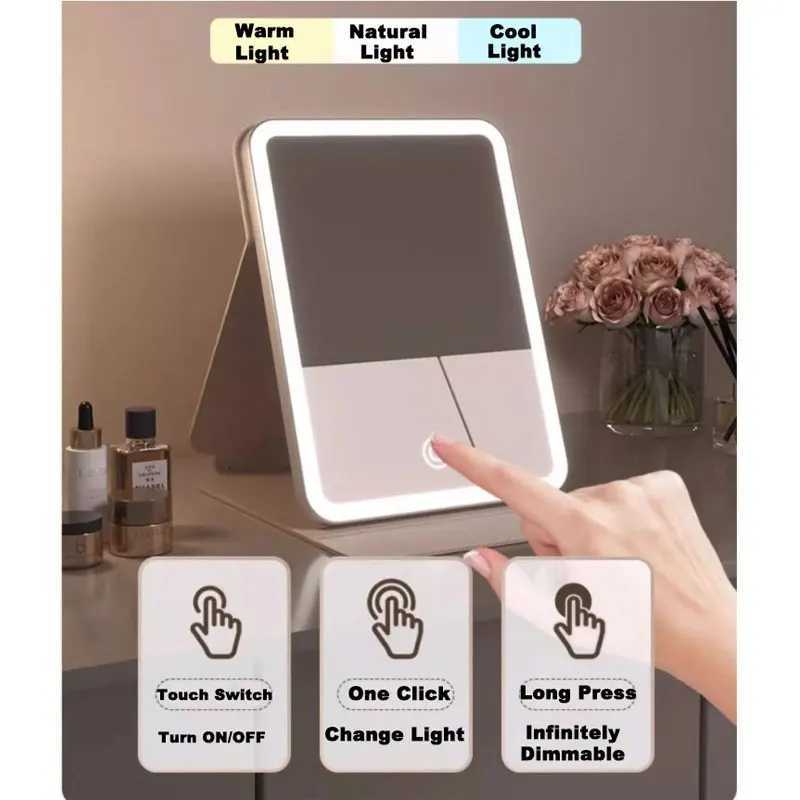 3 Colors LED Vanity Mirror with Leather Touch Screen USB Rechargeable 3 Brightness Dimming Makeup Mirror FoldableT251213