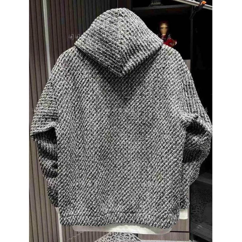 New Trendy Retro Little French Style Hooded Sweatshirt for Men 2026 Autumn Winter Heavy Tweed Loose Pullover Long Sleeve Top