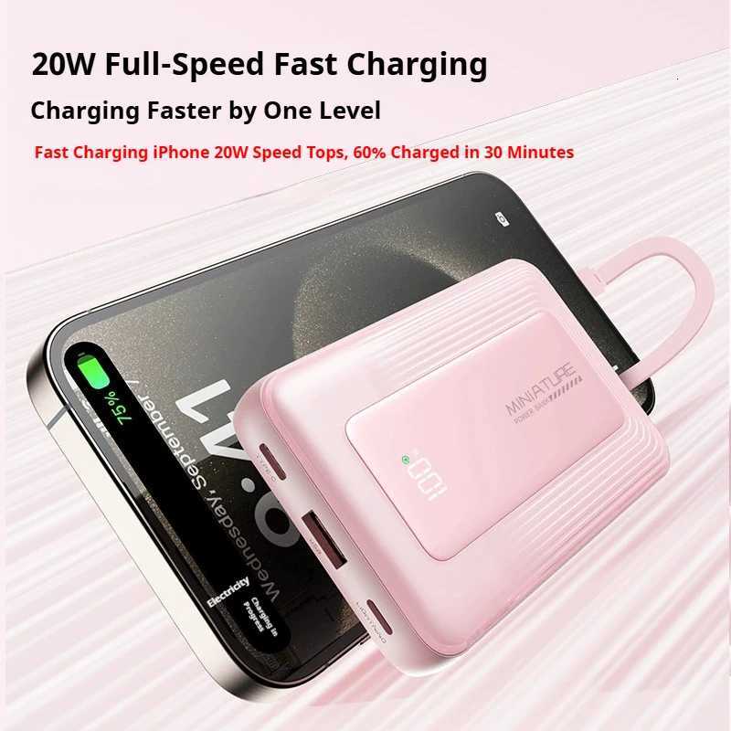 20000mAh Portable Power Bank with Built-In Cable for Outdoor Backup Quick Charging Cpatible for iphone H251213