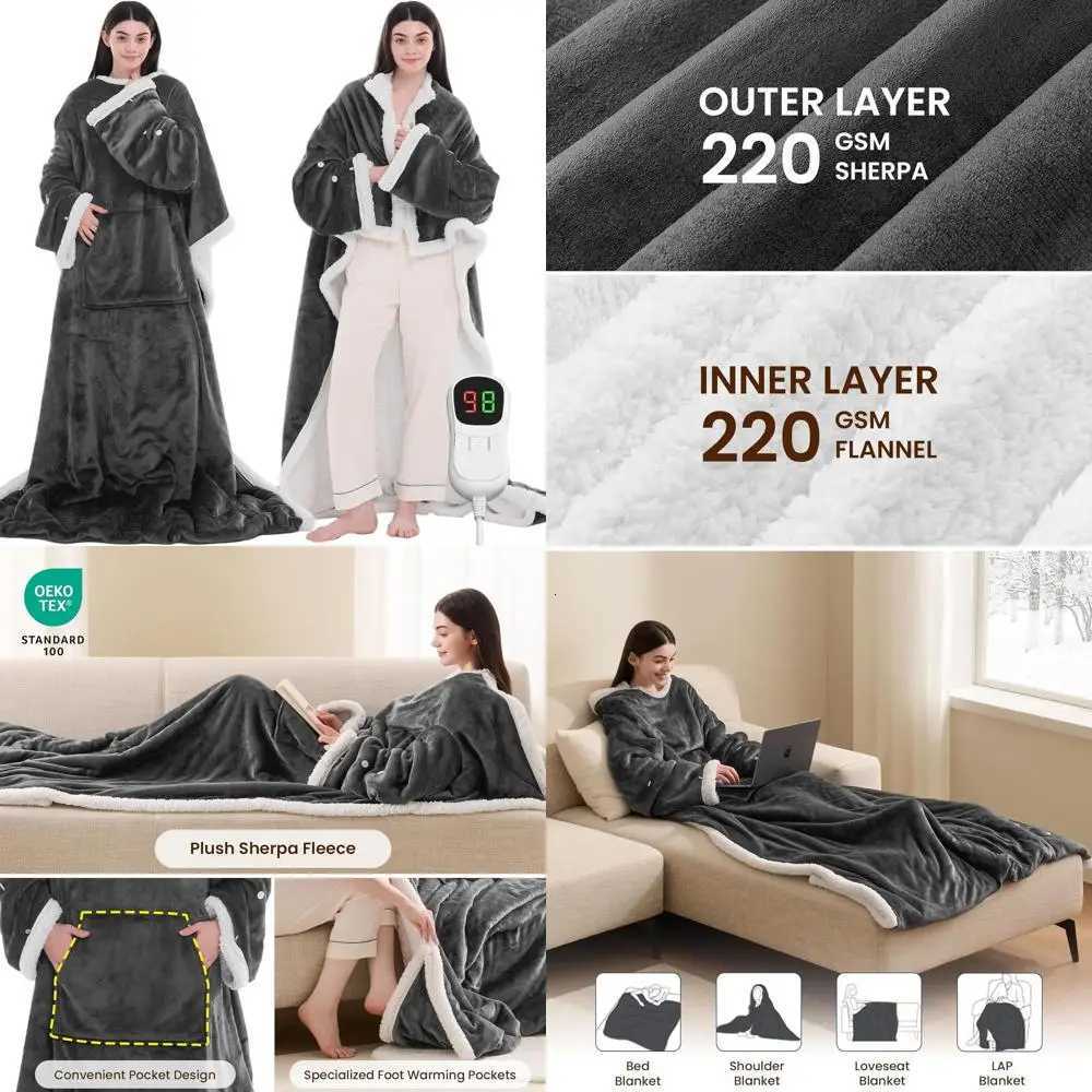 10-Level Adjustable Heated Wearable Blanket with Sleeves Foot Pockets - Grey Flannel Robe for Adults 50x75 inches Y251212