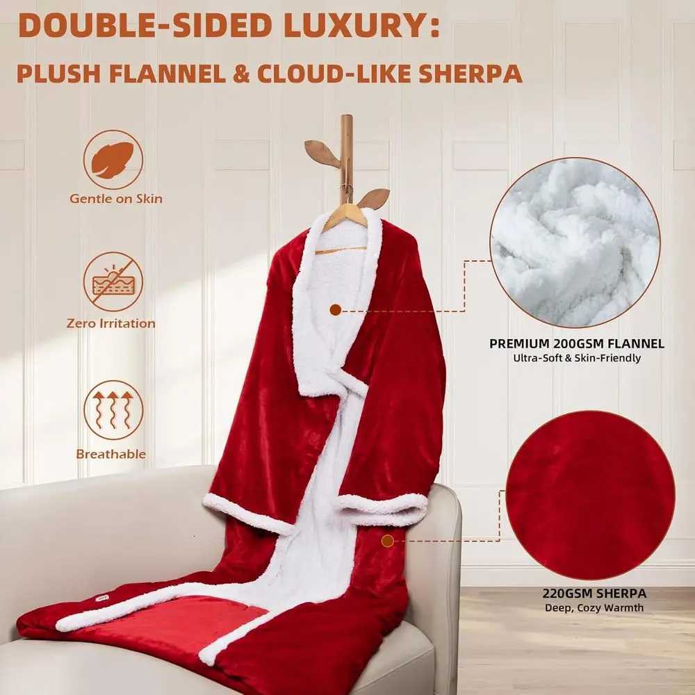 Sleeved Electric Throw Blanket with Foot Pocket 6 Heat Levels 70x50 Plush Flannel Sherpa Wine Red Y251212