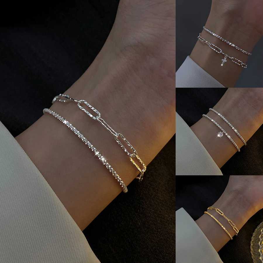 2Pcs Korean Sparkling Set For Women Silver Color Cross Charm Chain Bangle Wristband Female Fashion Party Jewelry M251213