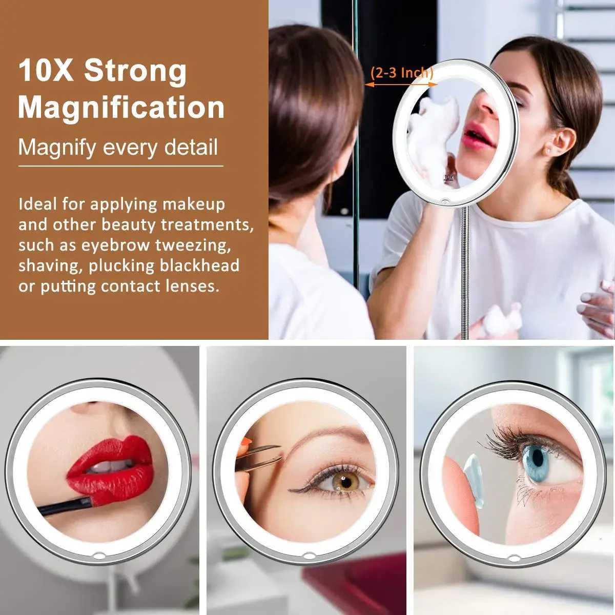 Rotatable10x Magnifying Vanity Mirror with LED Lighted Bathroom Makeup Mirror Lighting Dressing Makeup Lamp Bottom SuckerT251213