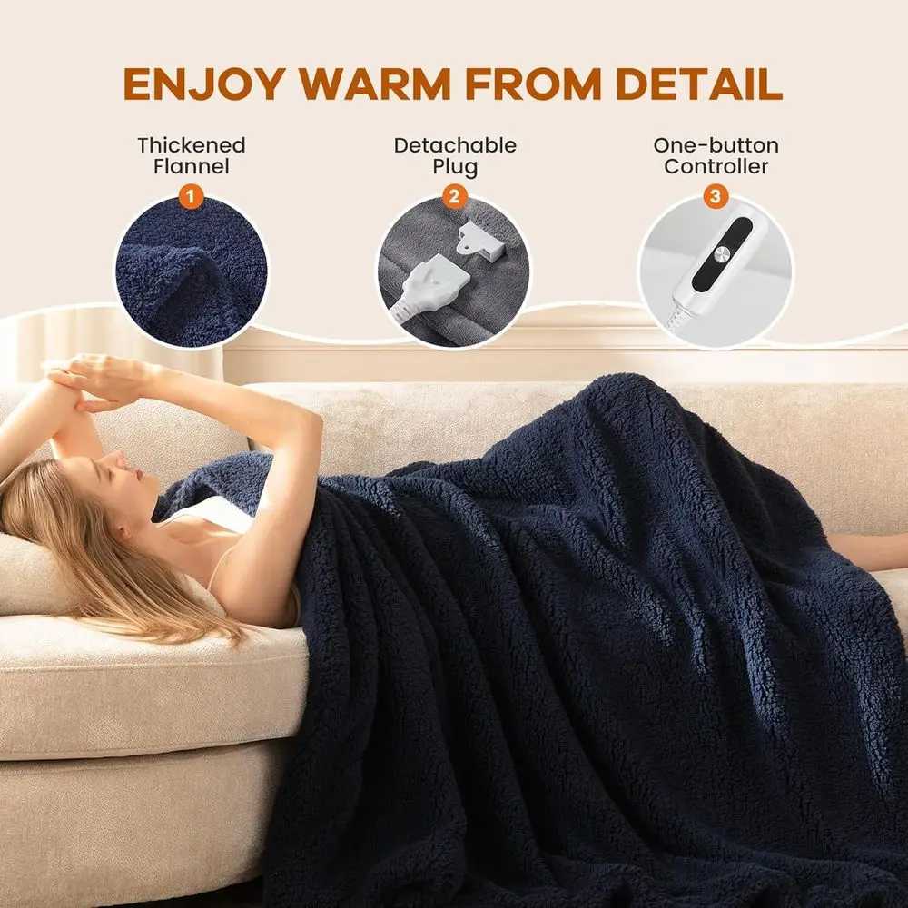 Double-Sided Sherpa Twin Electric Blanket with 6 Heat Settings Auto-Safety 10-Hour Timer 62x84 Navy Y251212