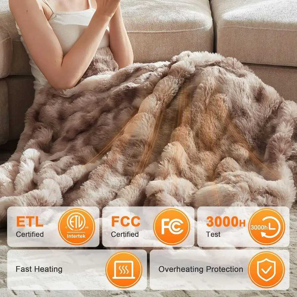 Twin Size Plush Bubble Faux Fur Electric Blanket with 6 Heat Settings and 10-Hour Auto-Off 62x84 Patterned Taupe Y251212