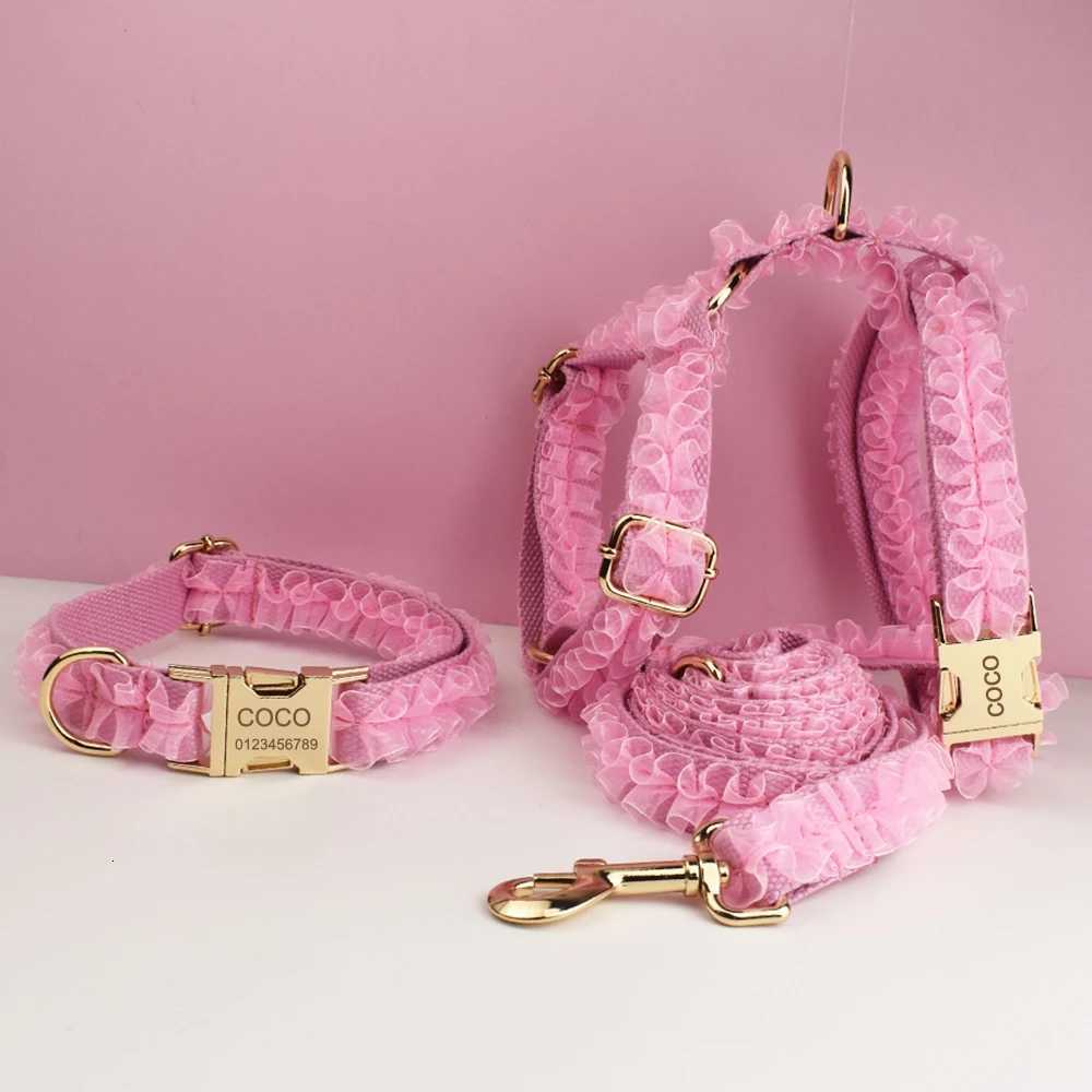 Custom Engraved Pink Lace Dog Collar - Personalized PetHarness Luxury Dog Accessories with Nameplate for Wedding Lace 02 M251213