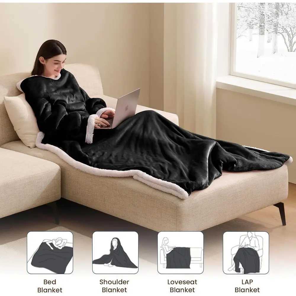 Sleeved Electric Heated Blanket with Foot Pockets - 10-Level Adjustable Auto-Off Flannel Robe for Adults 50x75 Black Y251212