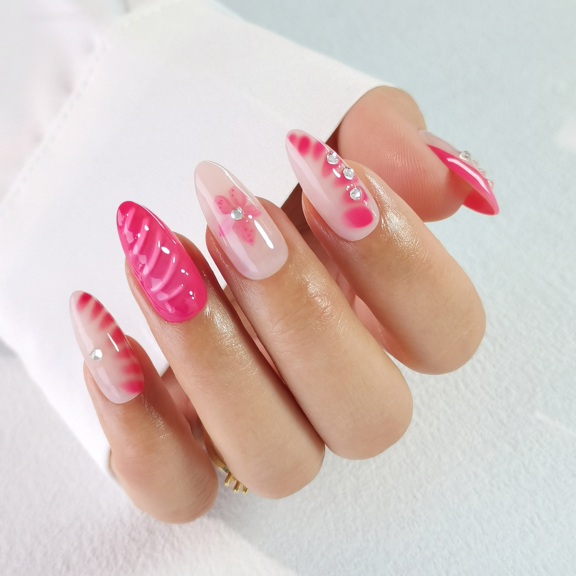 32Pcs Almond Press on Fake Nails Wearable Red Purple Blusher Halo Design False Nails Acrylic Full Over Simple Fashion Nail Tips