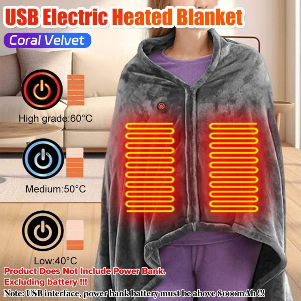 USB Heated Blanket 3 Gears Heating Coral Velvet Shawl Wearable Electric Blanket Winter Body Warmer for Household Office Y251212