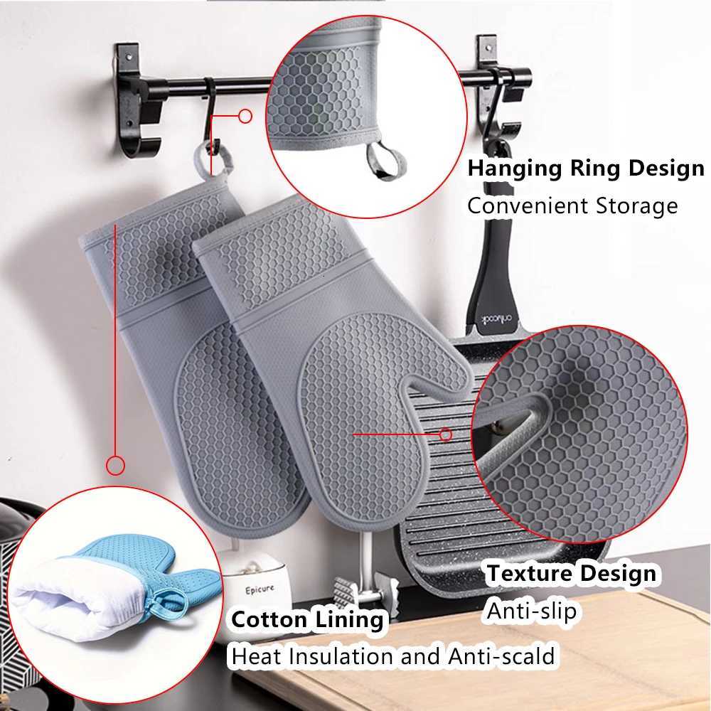 Heat Resistant Silicone Oven Mitts Set with Soft Cotton Lining Long ible Thick Silicone Oven Gloves Kitchen Mitt H251212