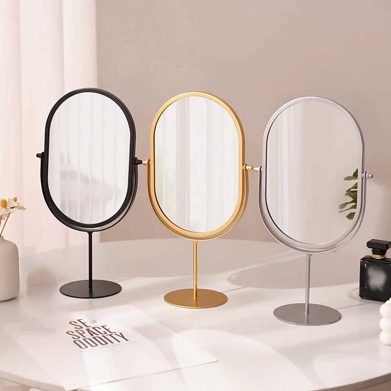 New Desktop Makeup Mirror Household Bedroom Vanity Mirror Iron Frame Oval Cosmetic Mirrors Two Style Flat Base and Storage BaseT251213