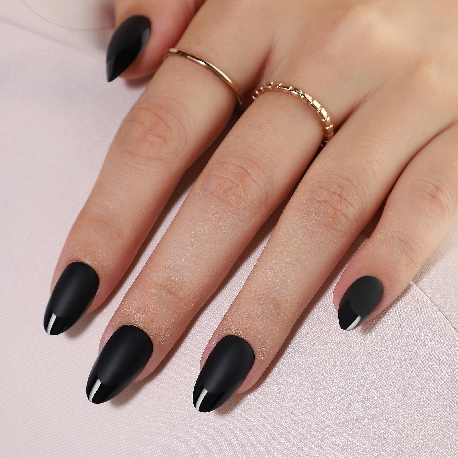 32pcs black french tip press on nails Matte Black Almond shaped reusable press-on nails for women and girls to wear at parties and banquets