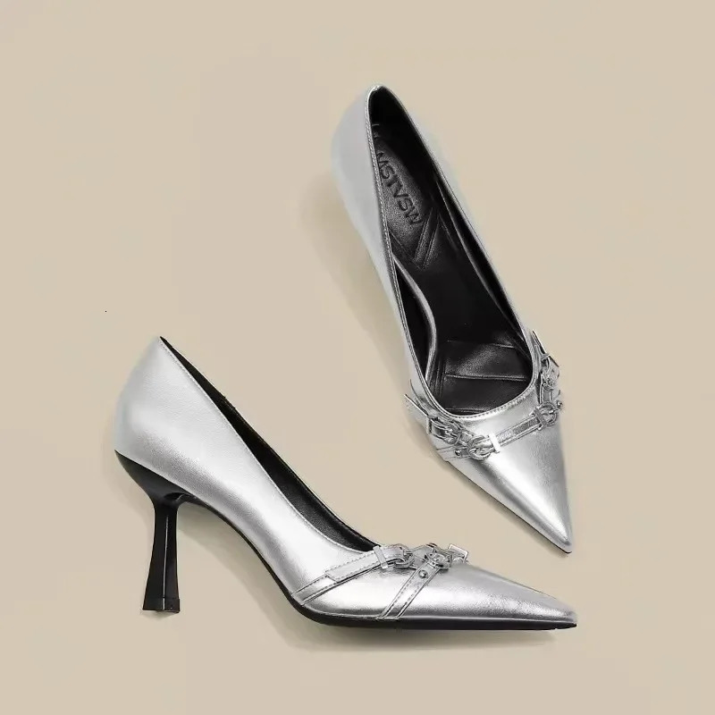 Women autumn simple solid color outdoor slip-on pointed low-top shoesfashion metal buckle women office high heels 251209 - view 5