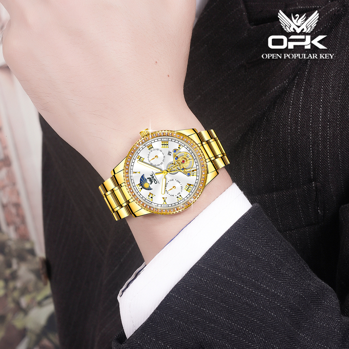 OPK Designer Men's Watches, Outdoor Sports Luxury Free Shipping Wholesale Flywheel Steel Band Calendar Luminous Quartz Men's Watches