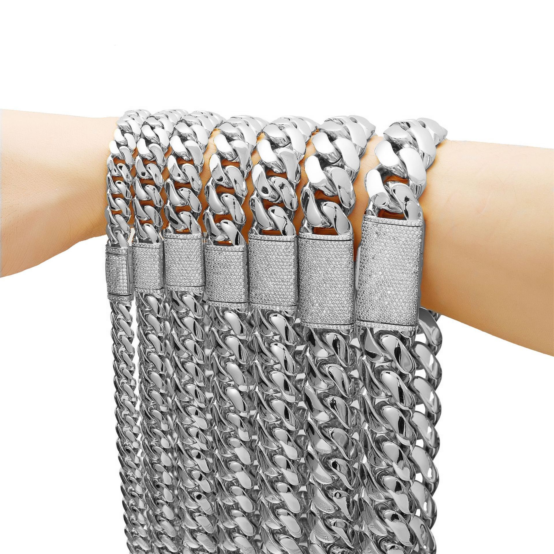 8-22mm Stainless Steel Miami Cuban Chain Copper Clasp White Gold Plated Mens Necklace Jewelry