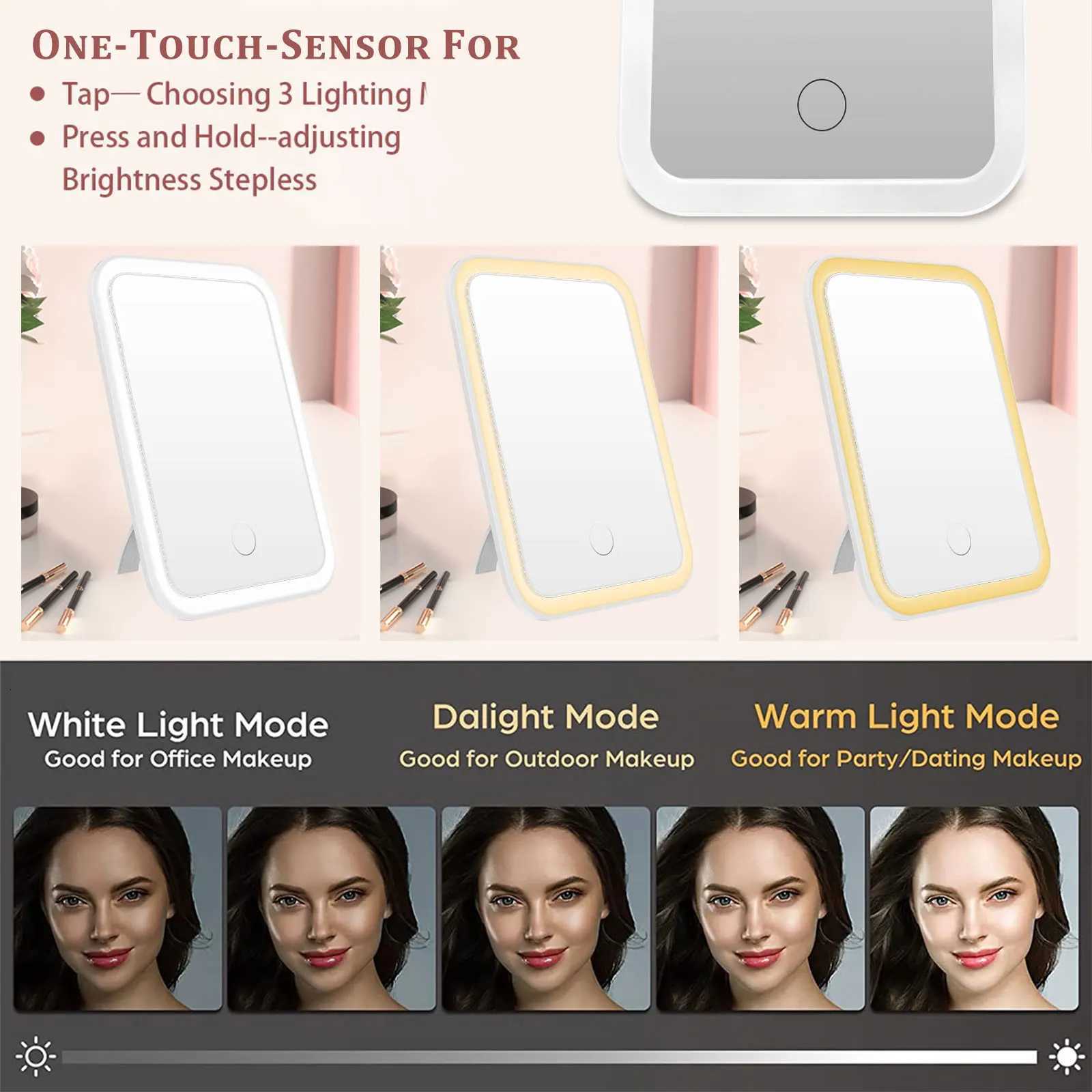 LED Dimmable Makeup Mirror Desktop Folding Compact Square Travel Cosmetic Portable Lighted Vanity Mirror Touch Screen TabletopT251213