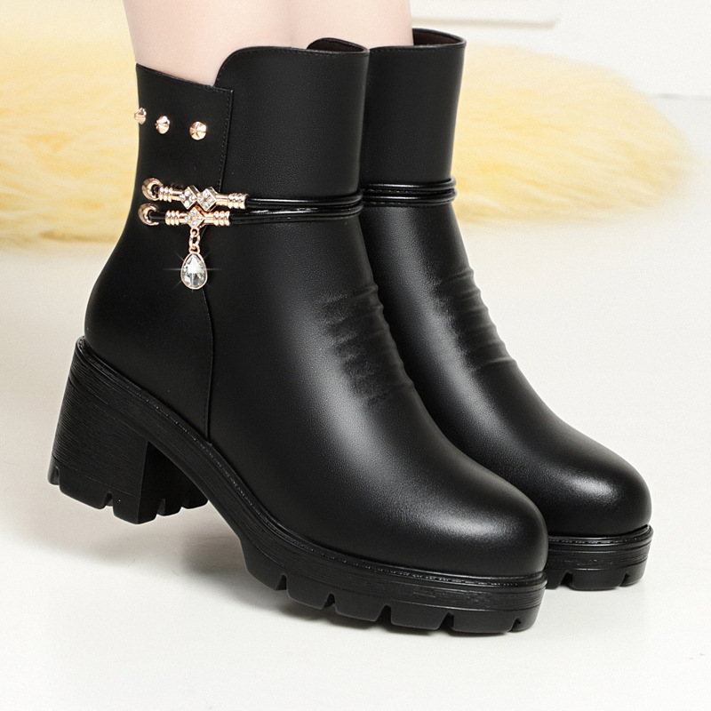 Free Shipping 2025 Genuine Soft Leather Women's Winter Boots, Plush Lined Chunky Mid Heel Thermal Ankle Boots Comfortable & Warm