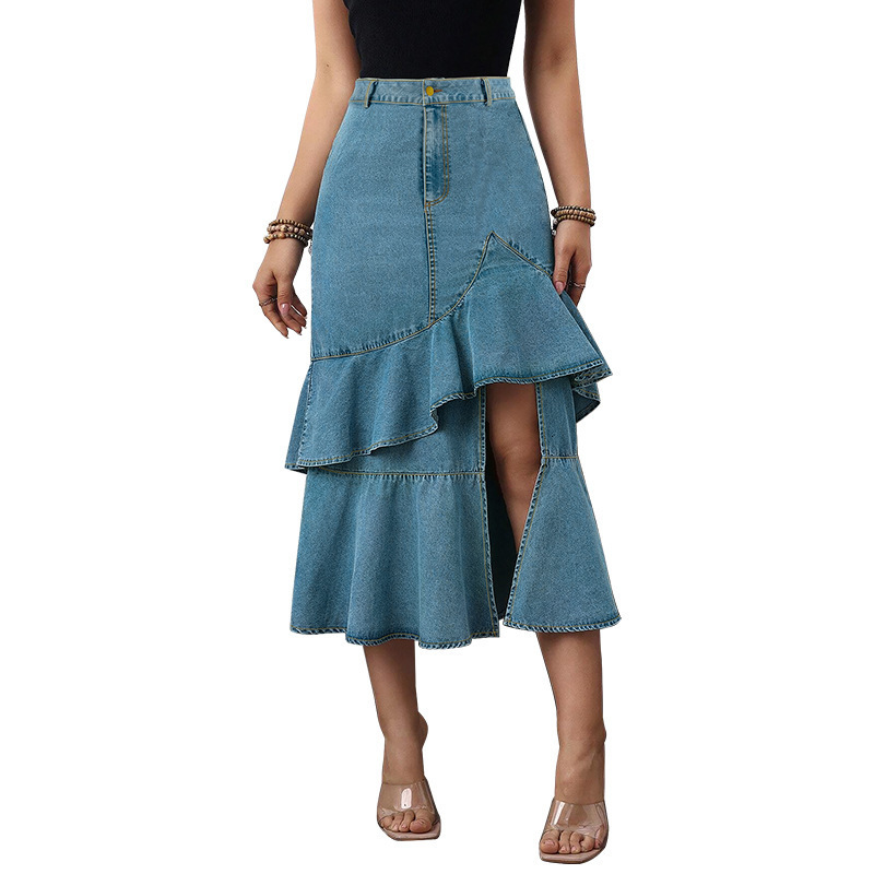 Lady Long Denim Skirt High Waist Gradient Tassel Jeans Trumpet Cool Fish Tail Mermaid Bohemian Maxi Skirts mermaid skirts female 210608