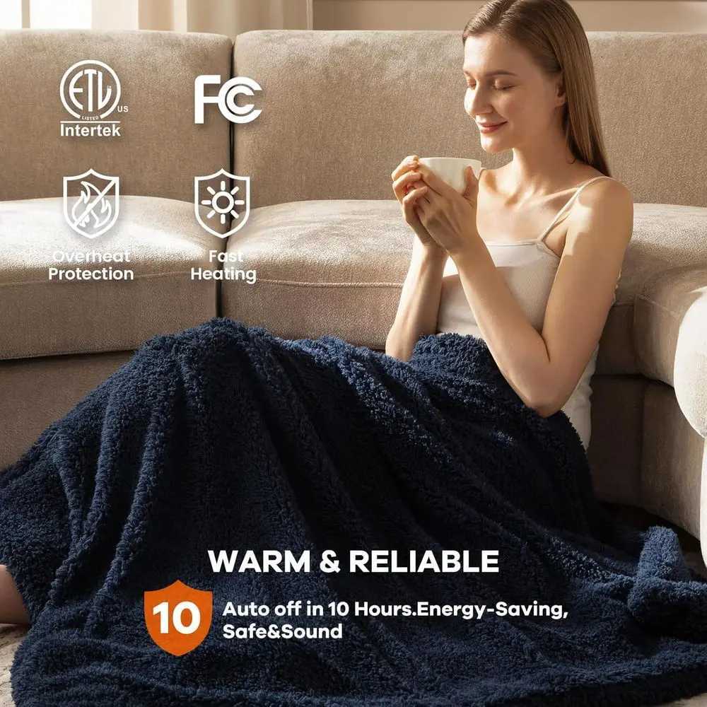 Double-Sided Sherpa Twin Electric Blanket with 6 Heat Settings Auto-Safety 10-Hour Timer 62x84 Navy Y251212