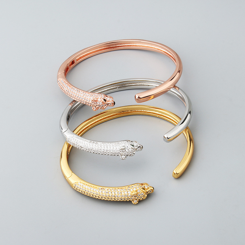 New Leopard Simple Micro Pave Zircon Green Eye Bracelet Ring Set Unisex Casual Personality Jewelry