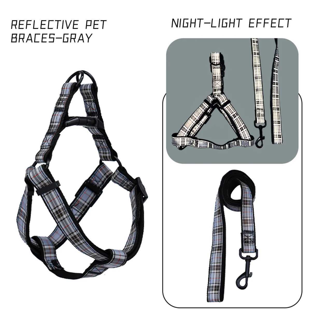 A set of plaid reflective chest and harness set for small and medium-sized dogs to go out for a walk and a lead rope for cats an M251213
