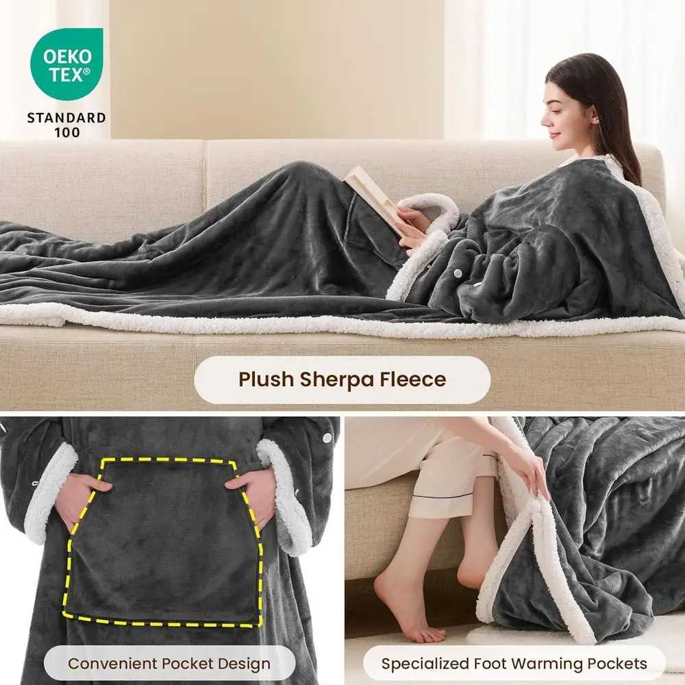 10-Level Adjustable Heated Wearable Blanket with Sleeves Foot Pockets - Grey Flannel Robe for Adults 50x75 inches Y251212