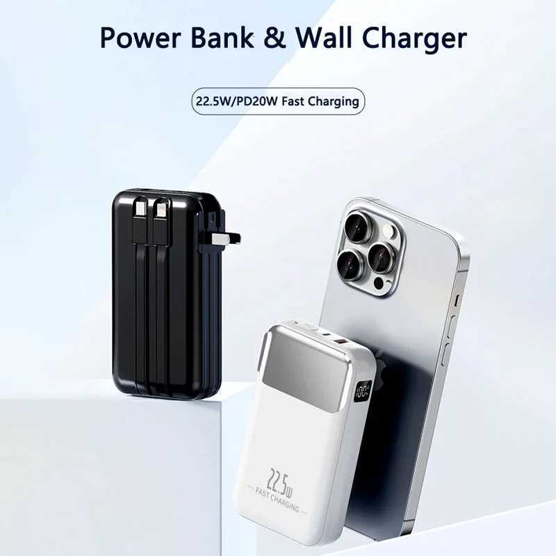 20000mAh Portable Power Bank Built in Cable with AC Plug Wall Charger 225W Fast Charging Powerbank for IPhone H251213
