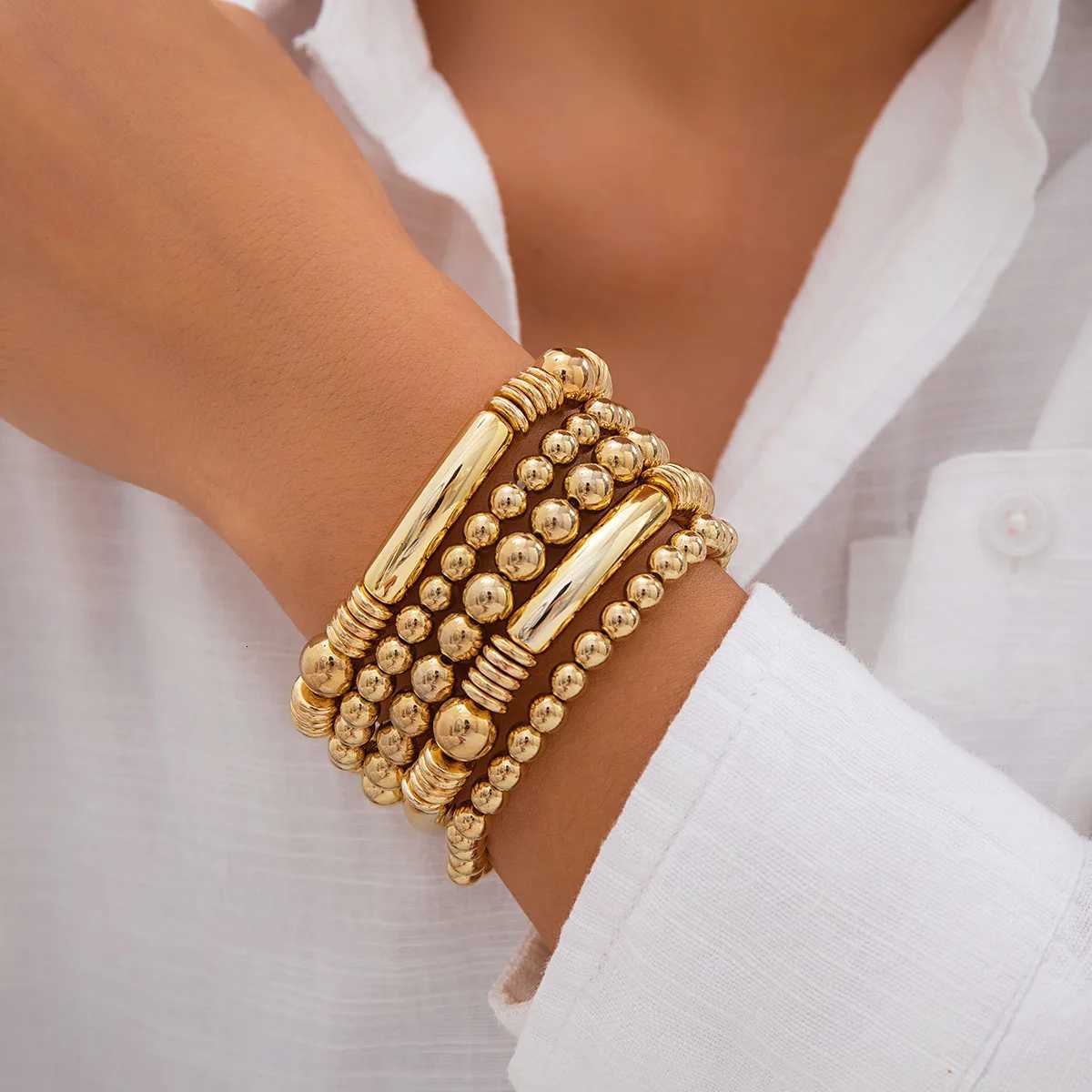 Layered Gold-Plated Beaded s Set Dainty Elastic Beads Chain Tube Bangle Boho Stackable TrenDY Pattern Copper M251213