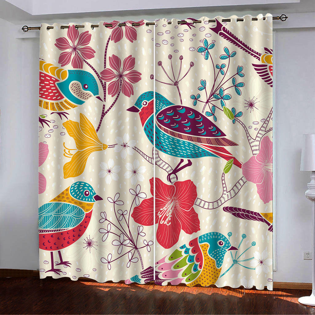 YL-37959 Floral and Bird Line Series Curtain Spring 3D Digital Print High-Density Blackout Curtains