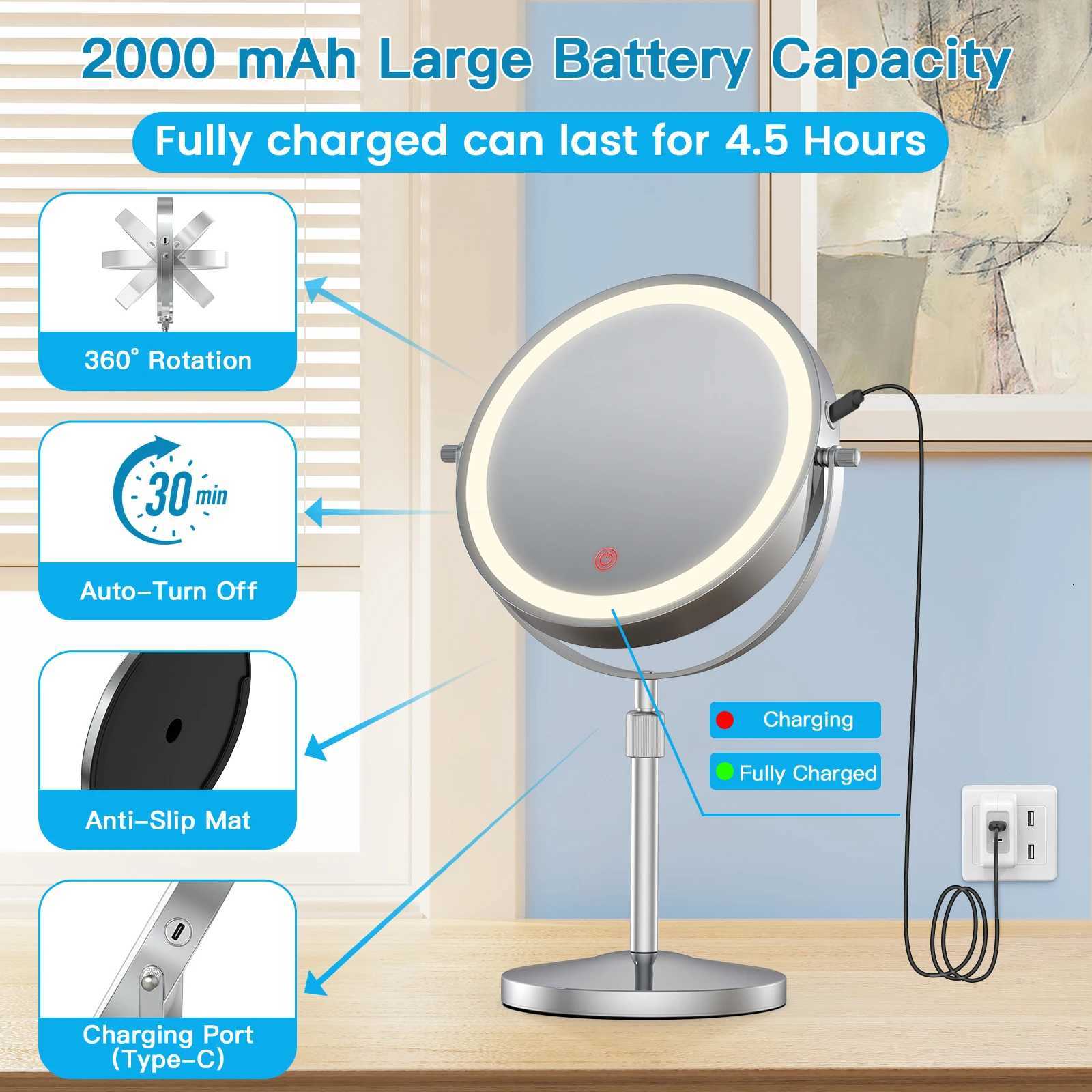 8 Inch Makeup Mirror With Light Lamp 10X Magnification 3 Color LightsAdjustable Brightness Height Standing Cosmetic MirrorT251213