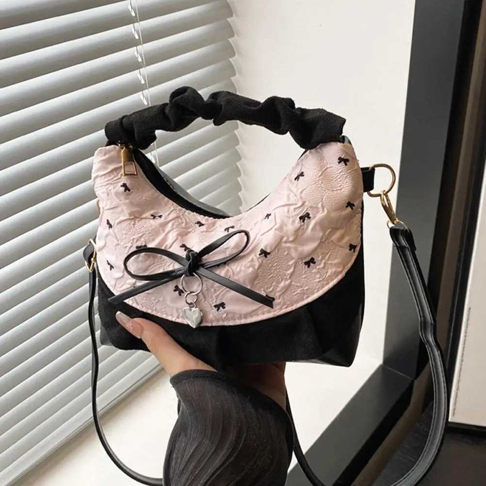 New Lace Plaid Patchwork Handbag French Bow Underarm Bag Small Versatile Cute Sweet Canvas Shoulder Bag Fashion Crossbody BagT251213