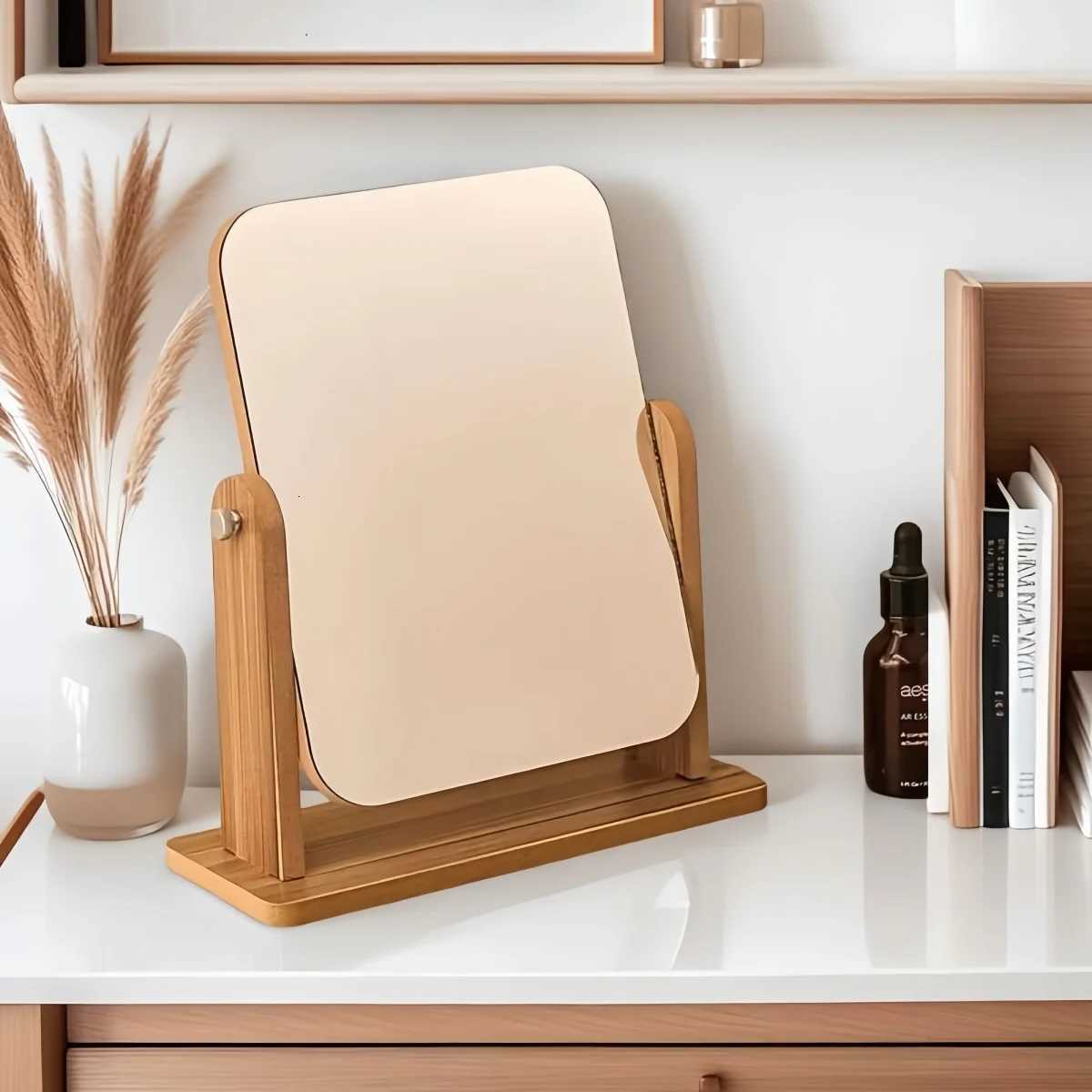 360 degree adjustable optional wooden desktop makeup mirror European minimalist beauty mirrornatural wood color mirrorT251213