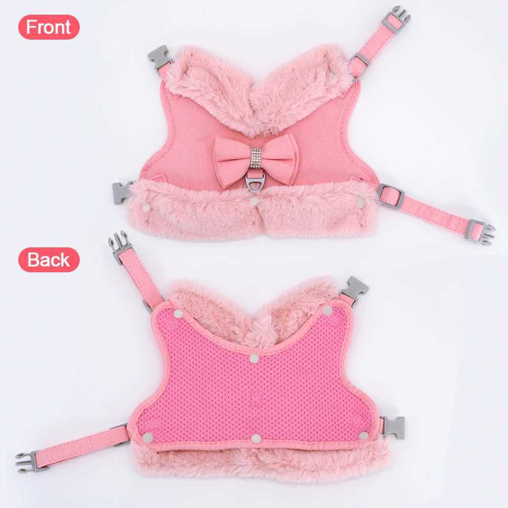 Soft Warm Dog Vest Harness and Leash Set Cute Bowknot Pet Winter Clothes Vest Warm Fur Small Dog Clothing French Bulldog Pink M251213
