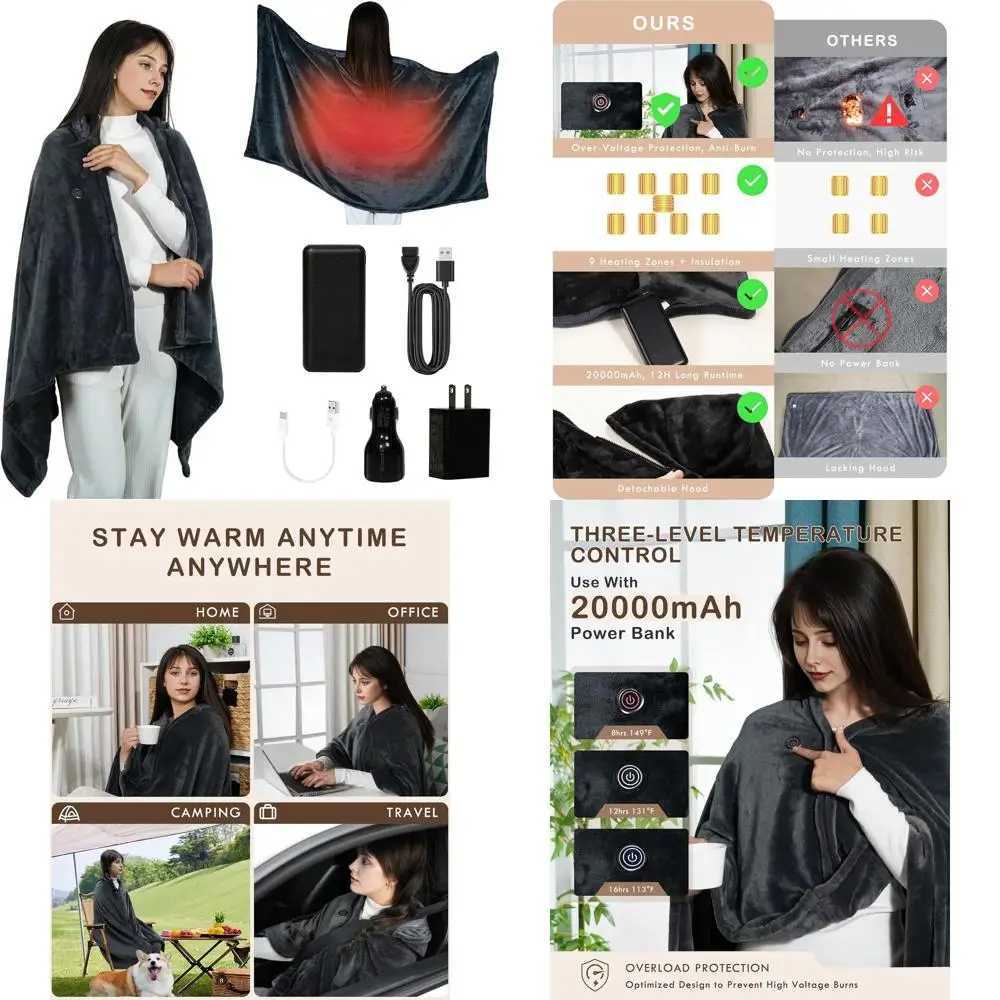 Portable Cordless Heated Blanket with Hoodie 3-Temperature Settings 20000mAh Battery Ideal for Camping and Car Use Y251212