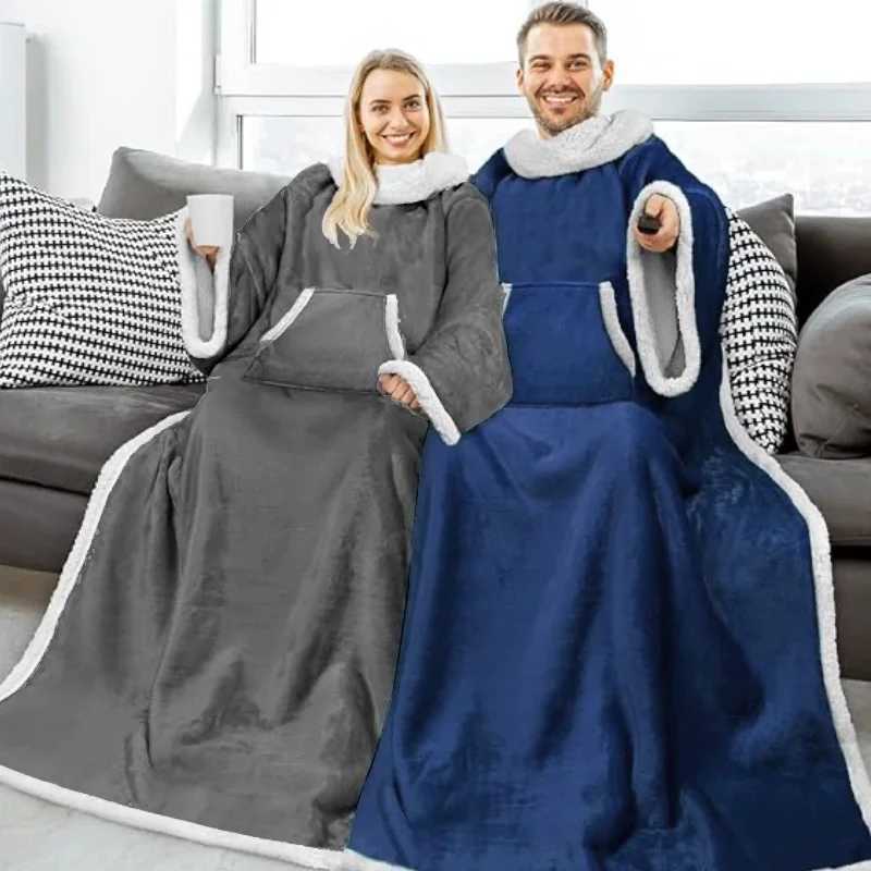 Grey Wearable Lazy TV Blanket With SleeveTV Sofa Blankets For Men WomenThick Fleece Blanket Winter Adult Cozy Soft Nap Blanket Y251212