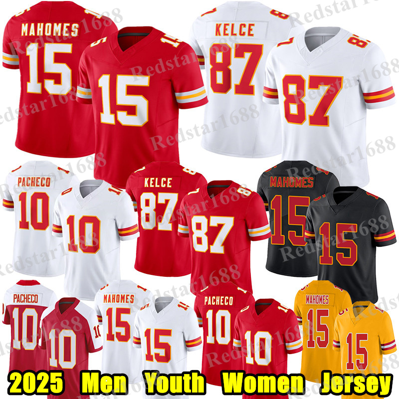 #15 Patrick Mahomes Football Jersey #87 Travis Kelce Isiah Pacheco Xavier Worthy Chris Jones Harrison Butker Nick Bolton Rice JuJu Smith-Schuster Josh Simmons jersey