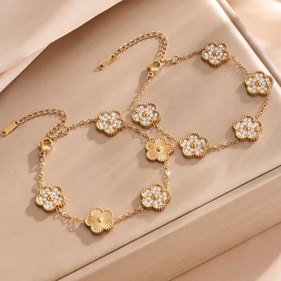 Yupsk Stainless Steel Lucky Five- Flower Petal Fashion Adjustable Chain Bangles Jewelry for Women Girls M251213