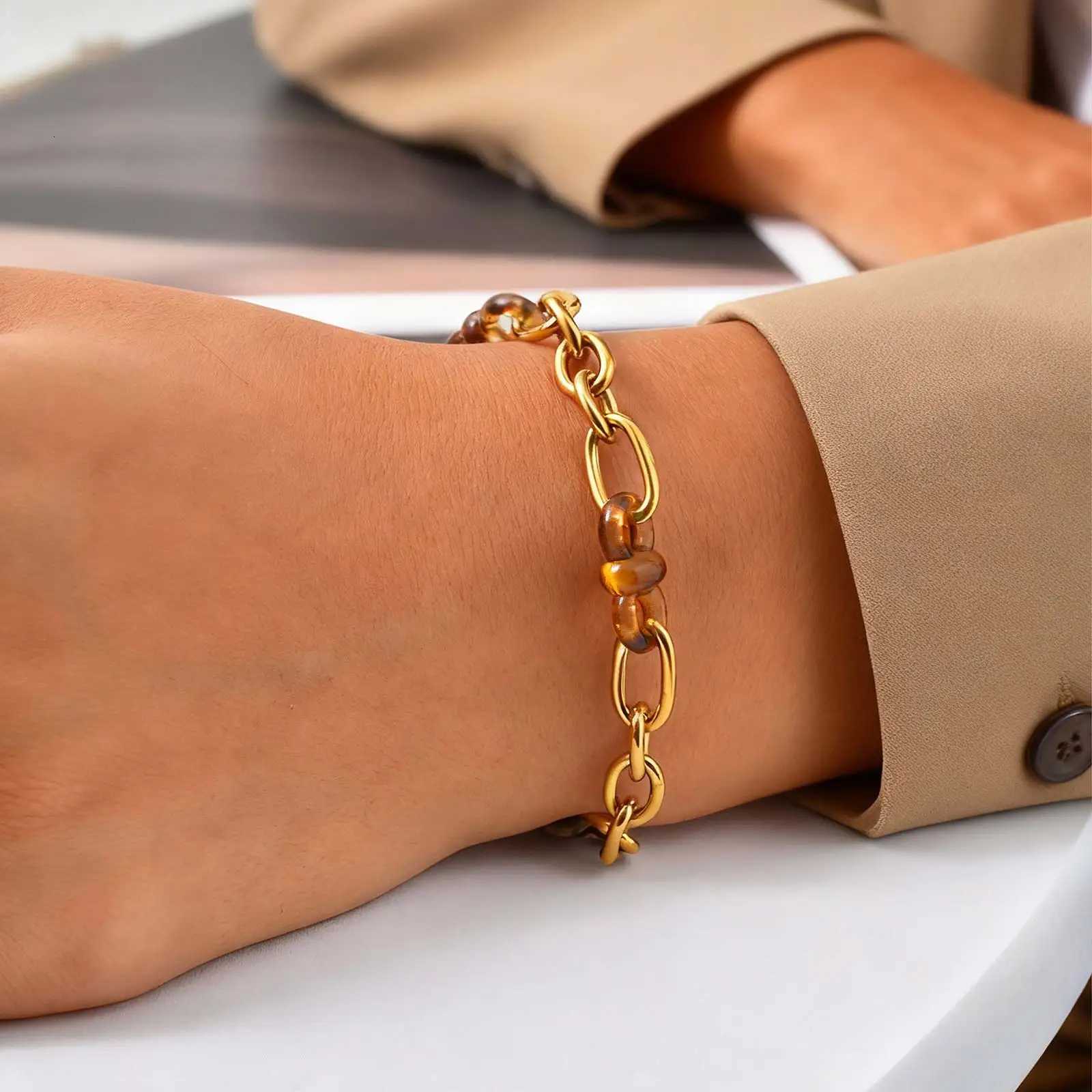 Womens Stainless Steel Enamel Link Chain Chunky Gold Plated sHypoallergenic Jewelry Gifts M251213