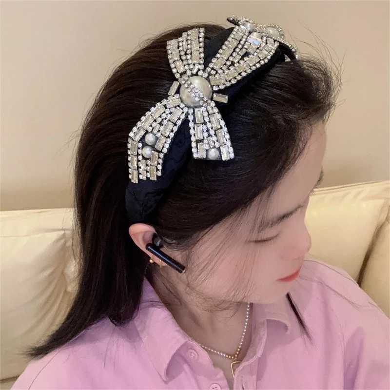 Korean Baroque Fl Diamond Bow Hair Band band High-end Western Style Retro Heavy Pearl Gem Diamond Chain Hair Accories Y251213